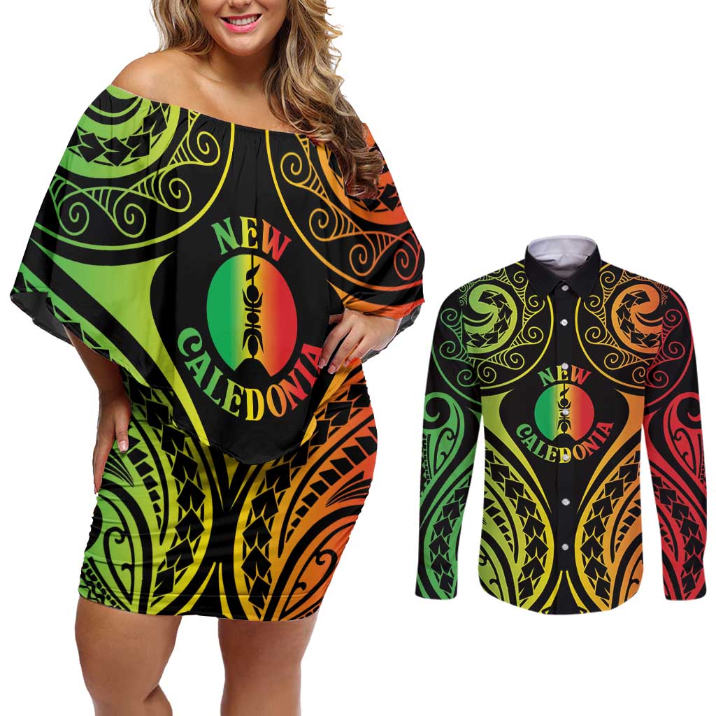 New Caledonia Day Couples Matching Off Shoulder Short Dress and Long Sleeve Button Shirt Polynesian Curves Reggae Color LT05 Reggae - Polynesian Pride
