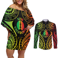 New Caledonia Day Couples Matching Off Shoulder Short Dress and Long Sleeve Button Shirt Polynesian Curves Reggae Color LT05 Reggae - Polynesian Pride