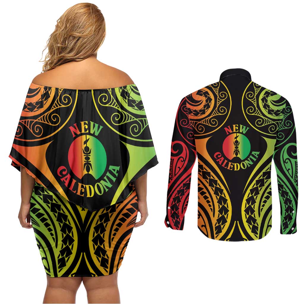 New Caledonia Day Couples Matching Off Shoulder Short Dress and Long Sleeve Button Shirt Polynesian Curves Reggae Color LT05 - Polynesian Pride
