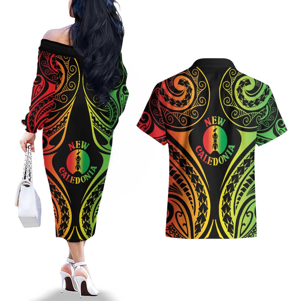 New Caledonia Day Couples Matching Off The Shoulder Long Sleeve Dress and Hawaiian Shirt Polynesian Curves Reggae Color LT05 - Polynesian Pride