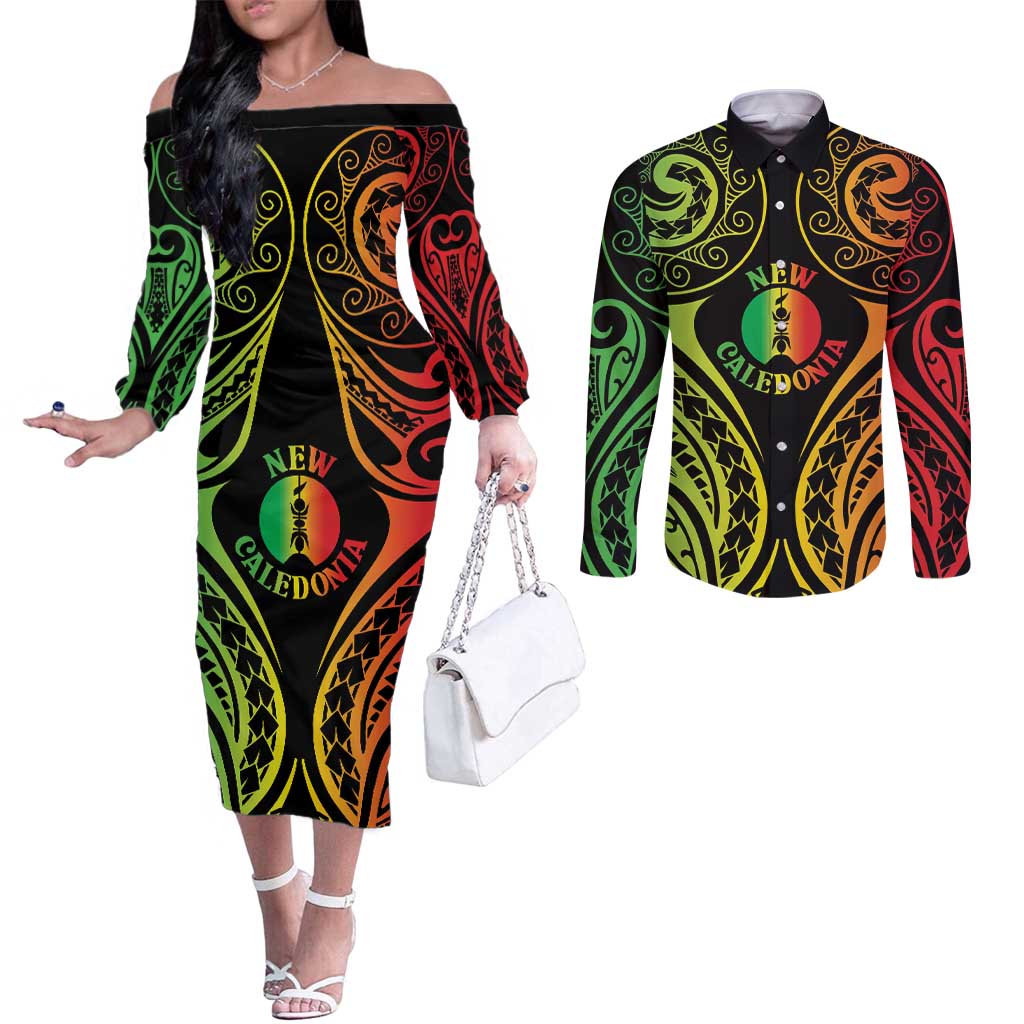 New Caledonia Day Couples Matching Off The Shoulder Long Sleeve Dress and Long Sleeve Button Shirt Polynesian Curves Reggae Color LT05 Reggae - Polynesian Pride