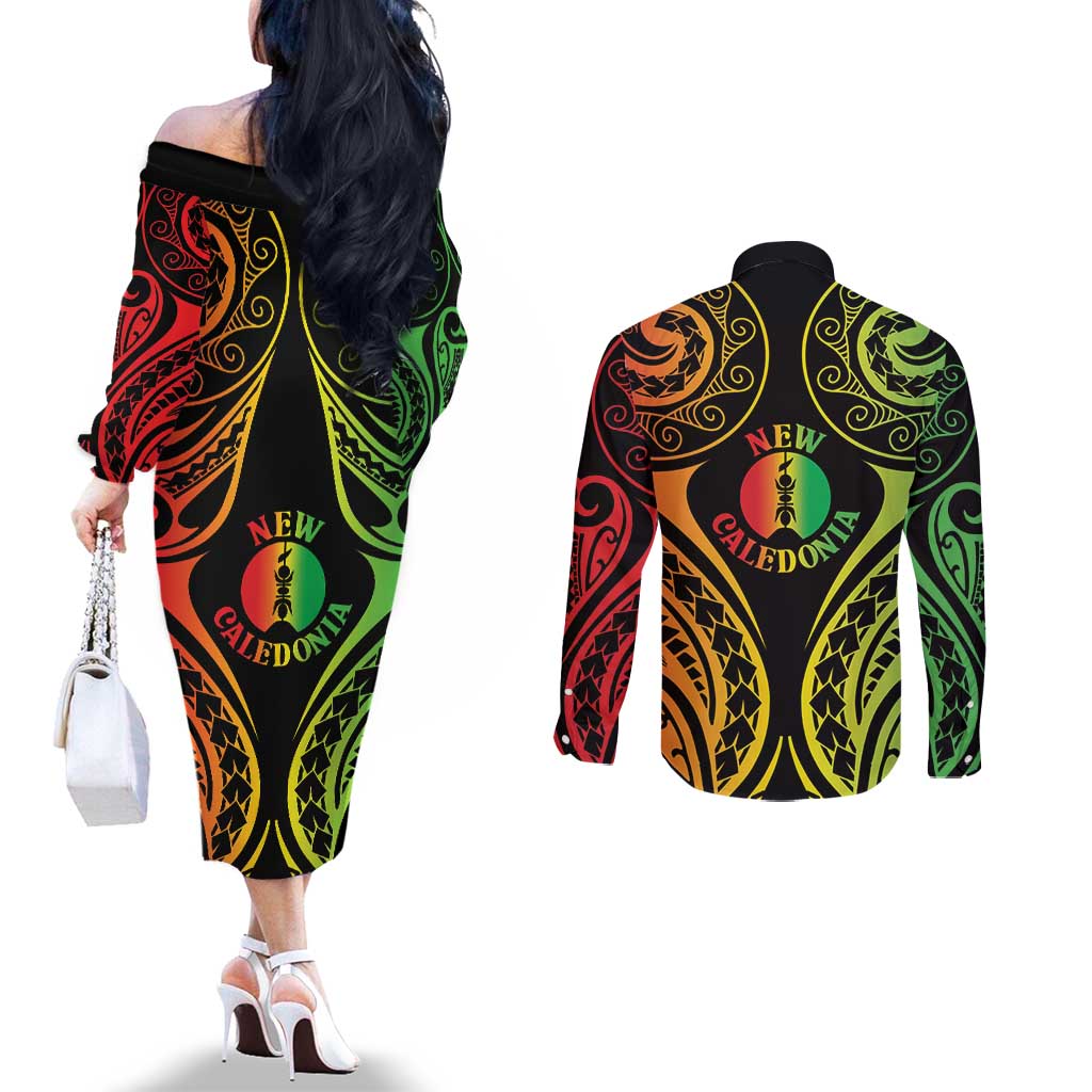New Caledonia Day Couples Matching Off The Shoulder Long Sleeve Dress and Long Sleeve Button Shirt Polynesian Curves Reggae Color LT05 - Polynesian Pride