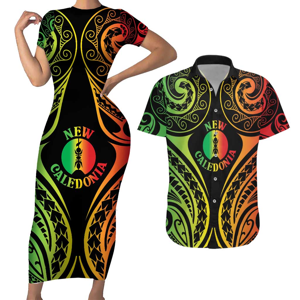 New Caledonia Day Couples Matching Short Sleeve Bodycon Dress and Hawaiian Shirt Polynesian Curves Reggae Color LT05 Reggae - Polynesian Pride