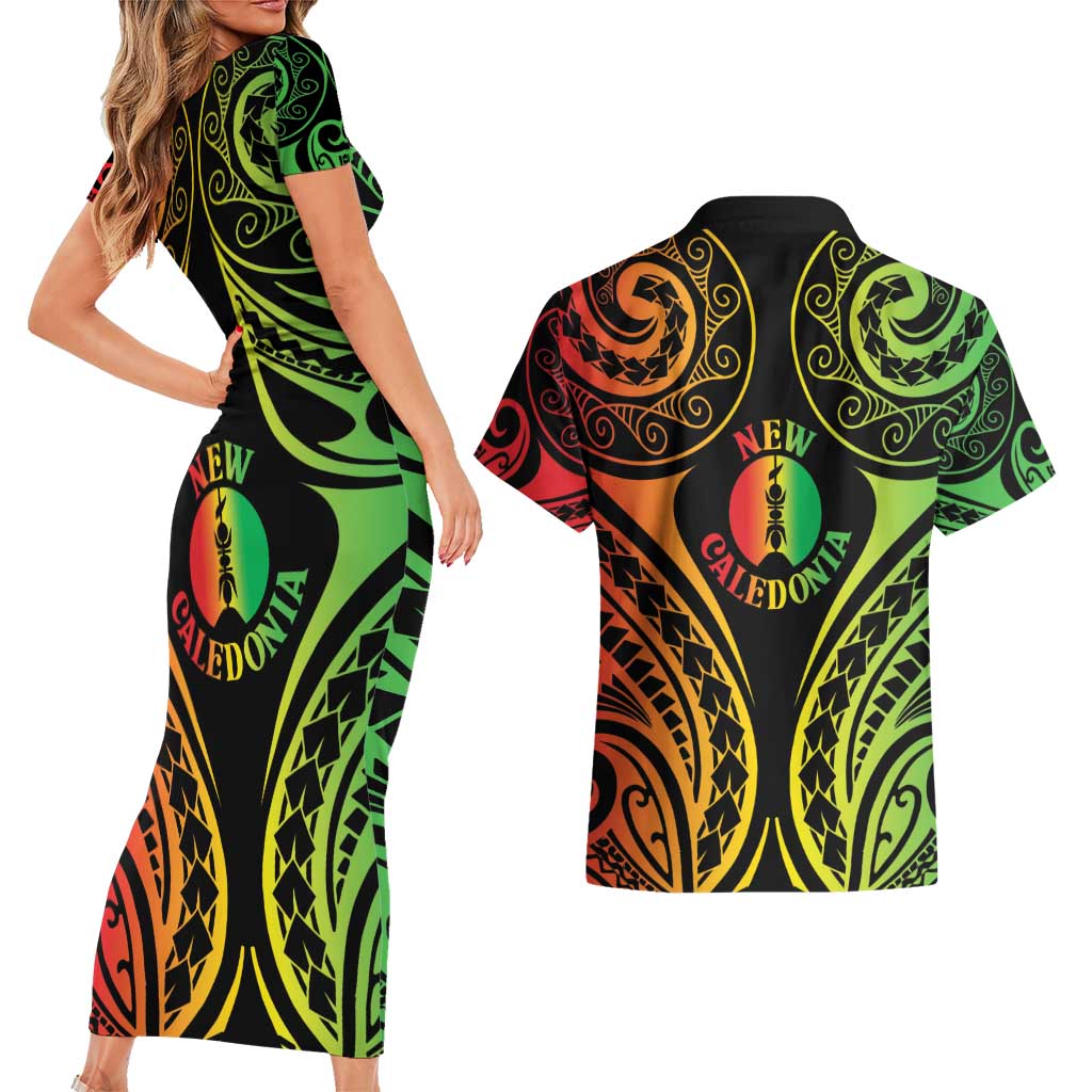 New Caledonia Day Couples Matching Short Sleeve Bodycon Dress and Hawaiian Shirt Polynesian Curves Reggae Color LT05 - Polynesian Pride