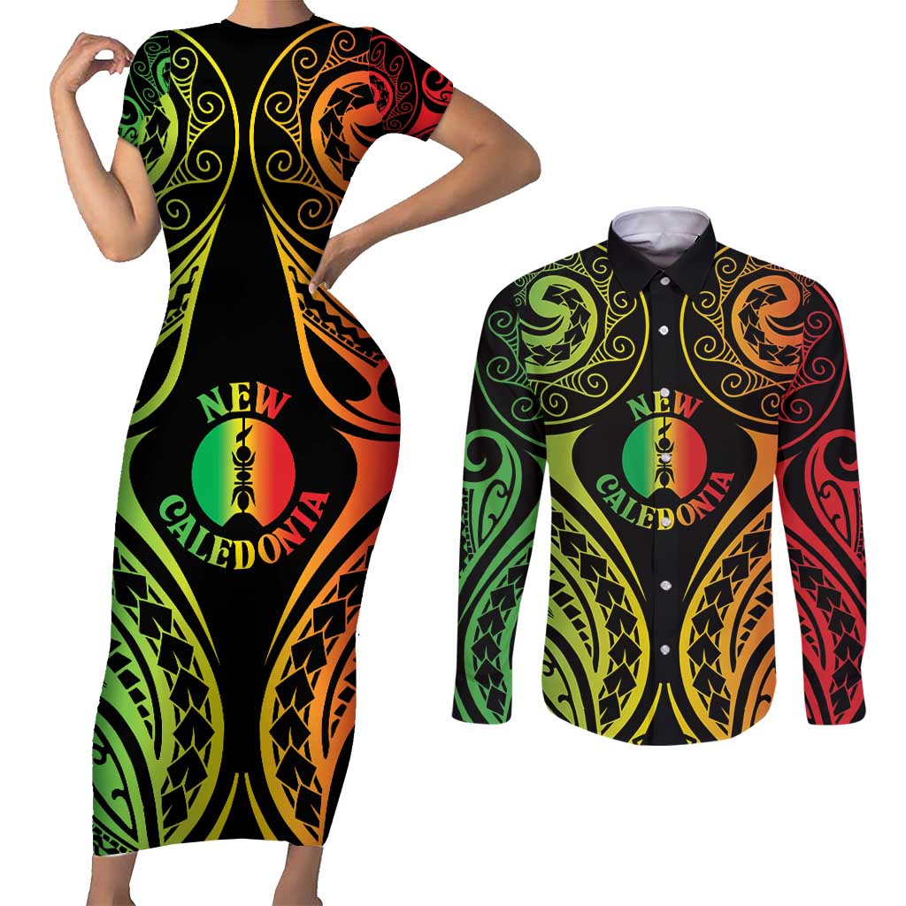 New Caledonia Day Couples Matching Short Sleeve Bodycon Dress and Long Sleeve Button Shirt Polynesian Curves Reggae Color LT05 Reggae - Polynesian Pride