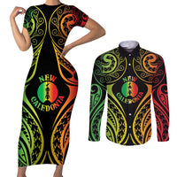 New Caledonia Day Couples Matching Short Sleeve Bodycon Dress and Long Sleeve Button Shirt Polynesian Curves Reggae Color LT05 Reggae - Polynesian Pride