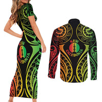 New Caledonia Day Couples Matching Short Sleeve Bodycon Dress and Long Sleeve Button Shirt Polynesian Curves Reggae Color LT05 - Polynesian Pride