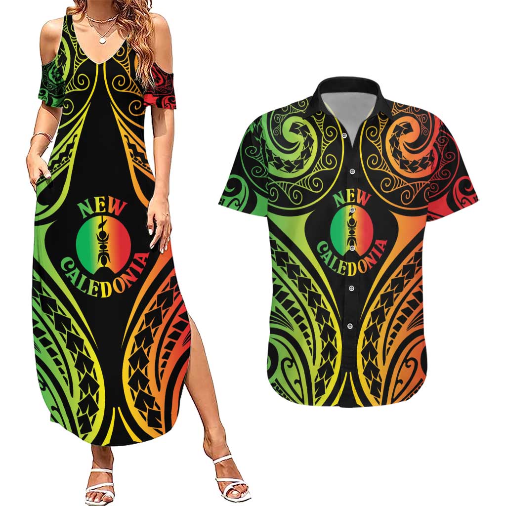 New Caledonia Day Couples Matching Summer Maxi Dress and Hawaiian Shirt Polynesian Curves Reggae Color LT05 Reggae - Polynesian Pride