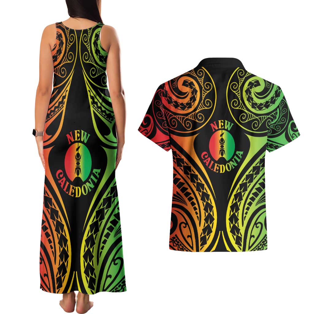 New Caledonia Day Couples Matching Tank Maxi Dress and Hawaiian Shirt Polynesian Curves Reggae Color LT05 - Polynesian Pride