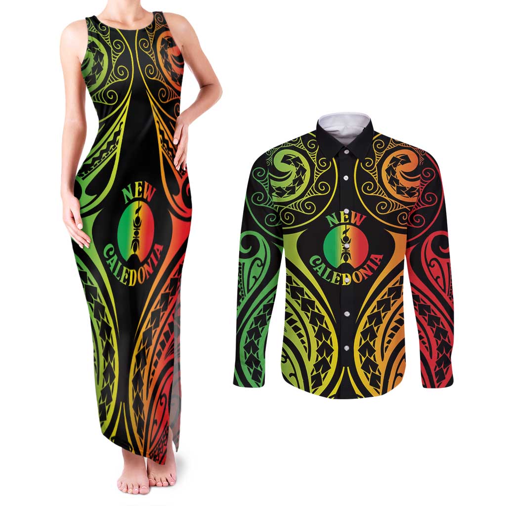 New Caledonia Day Couples Matching Tank Maxi Dress and Long Sleeve Button Shirt Polynesian Curves Reggae Color LT05 Reggae - Polynesian Pride