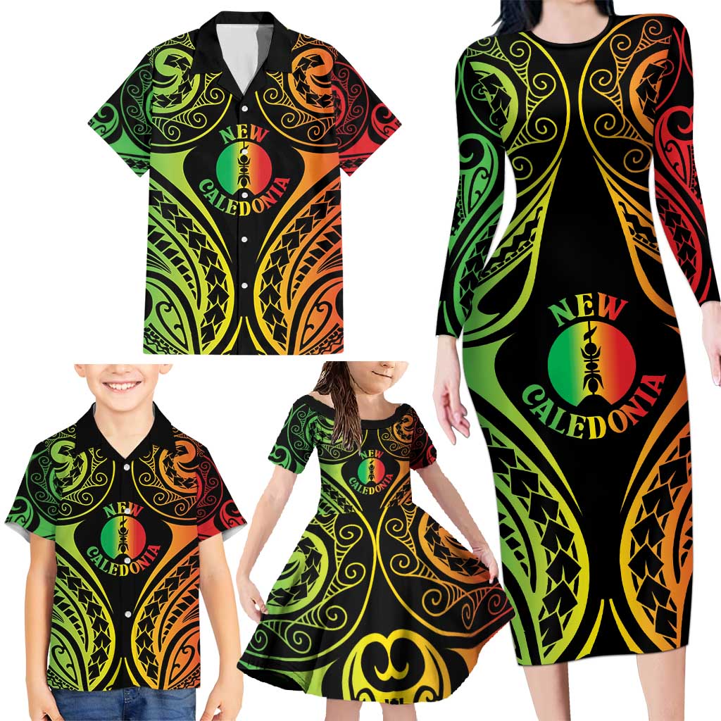 New Caledonia Day Family Matching Long Sleeve Bodycon Dress and Hawaiian Shirt Polynesian Curves Reggae Color LT05 - Polynesian Pride