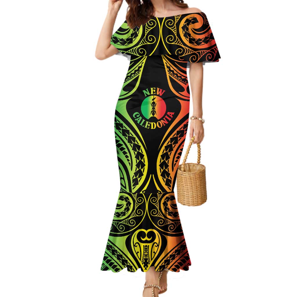 New Caledonia Day Family Matching Mermaid Dress and Hawaiian Shirt Polynesian Curves Reggae Color LT05 Mom's Dress Reggae - Polynesian Pride