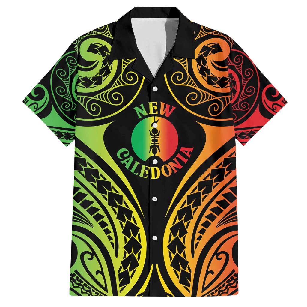 New Caledonia Day Family Matching Off Shoulder Maxi Dress and Hawaiian Shirt Polynesian Curves Reggae Color LT05 Dad's Shirt - Short Sleeve Reggae - Polynesian Pride