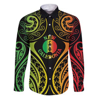 New Caledonia Day Family Matching Off Shoulder Maxi Dress and Hawaiian Shirt Polynesian Curves Reggae Color LT05 Dad's Shirt - Long Sleeve Reggae - Polynesian Pride