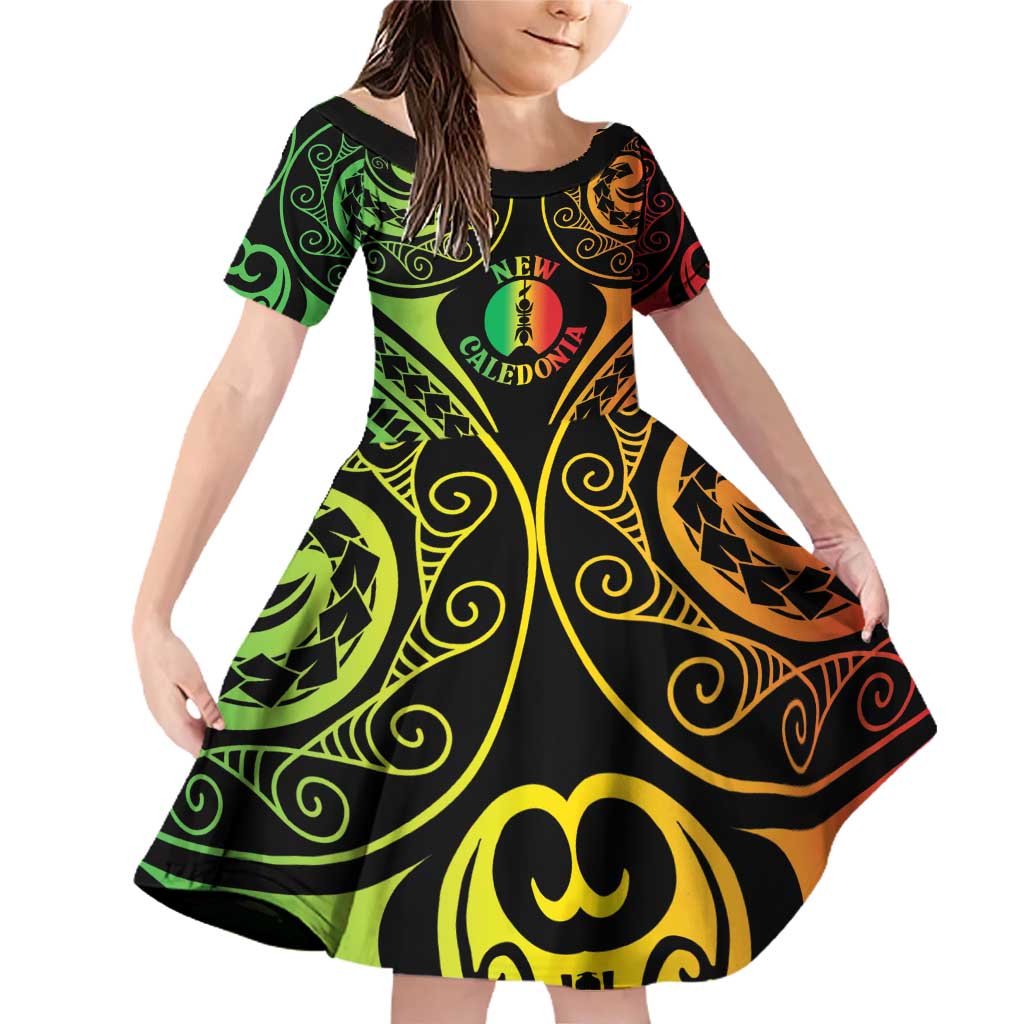 New Caledonia Day Family Matching Off Shoulder Short Dress and Hawaiian Shirt Polynesian Curves Reggae Color LT05 Daughter's Dress Reggae - Polynesian Pride