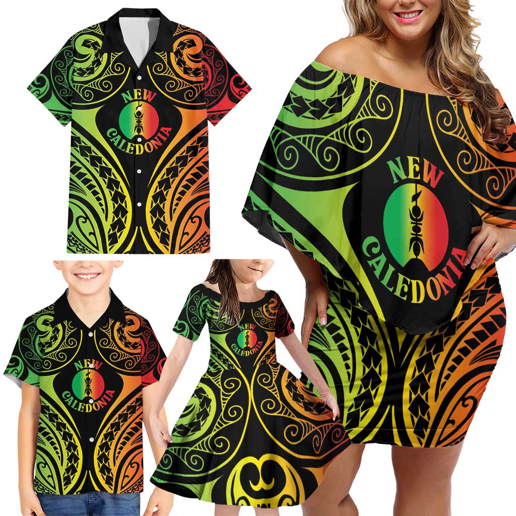 New Caledonia Day Family Matching Off Shoulder Short Dress and Hawaiian Shirt Polynesian Curves Reggae Color LT05 - Polynesian Pride