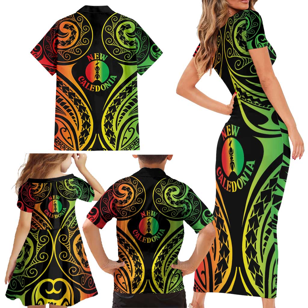 New Caledonia Day Family Matching Short Sleeve Bodycon Dress and Hawaiian Shirt Polynesian Curves Reggae Color LT05 - Polynesian Pride