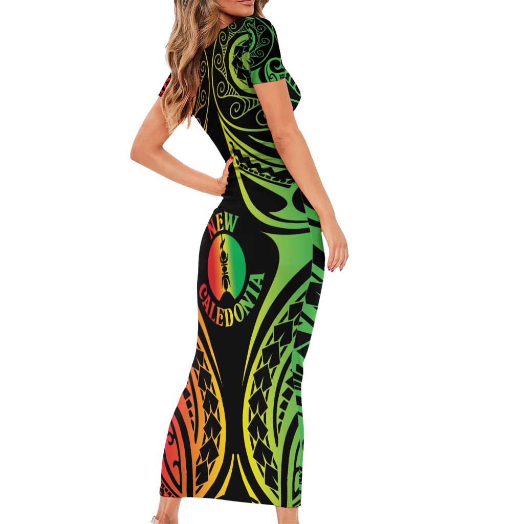 New Caledonia Day Short Sleeve Bodycon Dress Polynesian Curves Reggae Color - Polynesian Pride