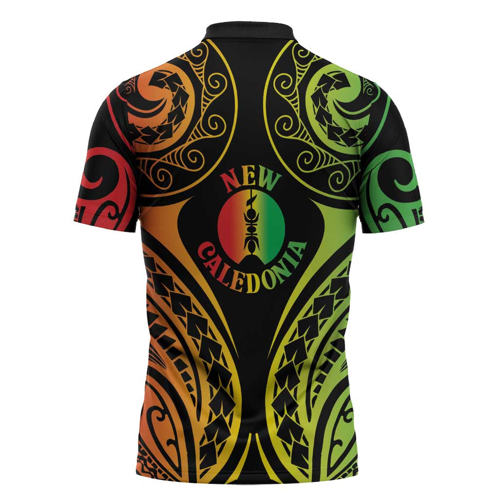 New Caledonia Day Zipper Polo Shirt Polynesian Curves Reggae Color - Polynesian Pride