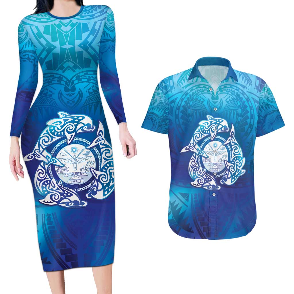 Marshall Islands Manit Day Couples Matching Long Sleeve Bodycon Dress and Hawaiian Shirt Tribal Dolphin With Marshall Seal LT05 Blue - Polynesian Pride