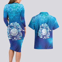Marshall Islands Manit Day Couples Matching Long Sleeve Bodycon Dress and Hawaiian Shirt Tribal Dolphin With Marshall Seal LT05 - Polynesian Pride