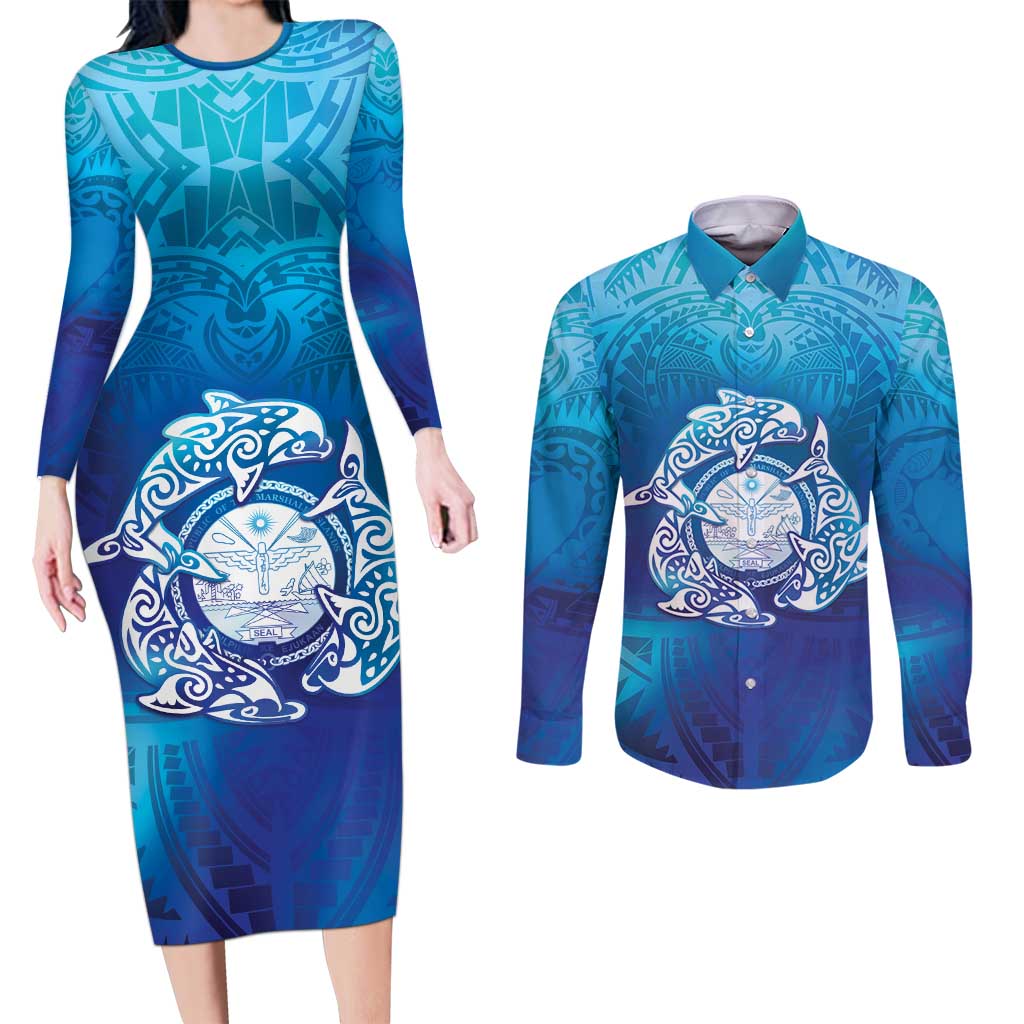 Marshall Islands Manit Day Couples Matching Long Sleeve Bodycon Dress and Long Sleeve Button Shirt Tribal Dolphin With Marshall Seal LT05 Blue - Polynesian Pride