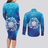 Marshall Islands Manit Day Couples Matching Long Sleeve Bodycon Dress and Long Sleeve Button Shirt Tribal Dolphin With Marshall Seal LT05 - Polynesian Pride