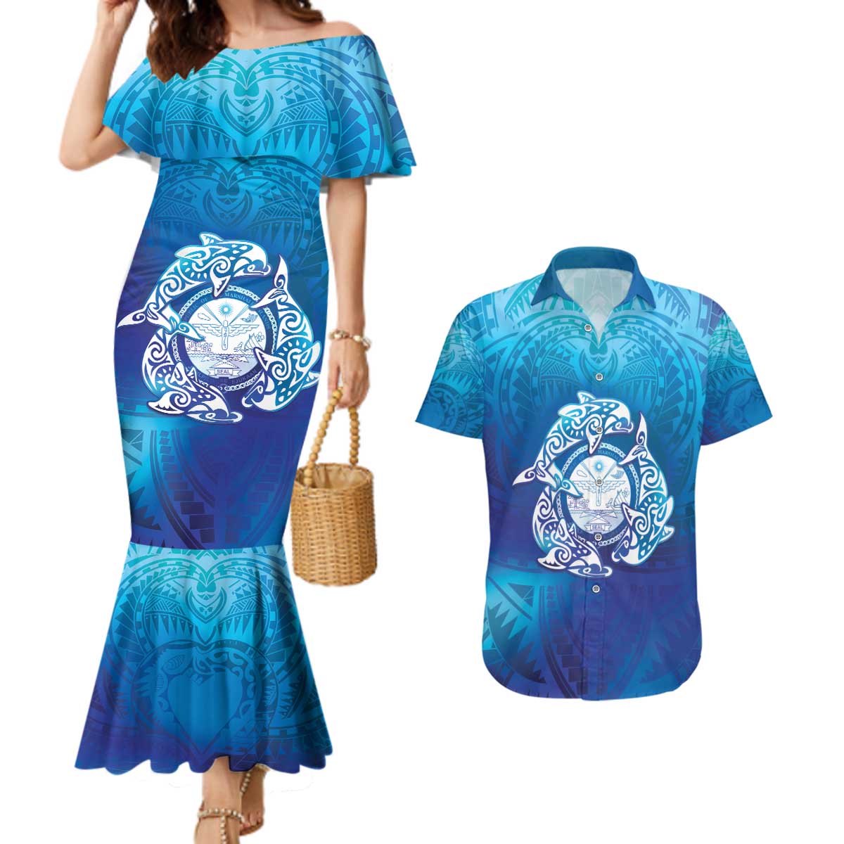 Marshall Islands Manit Day Couples Matching Mermaid Dress and Hawaiian Shirt Tribal Dolphin With Marshall Seal - Polynesian Pride