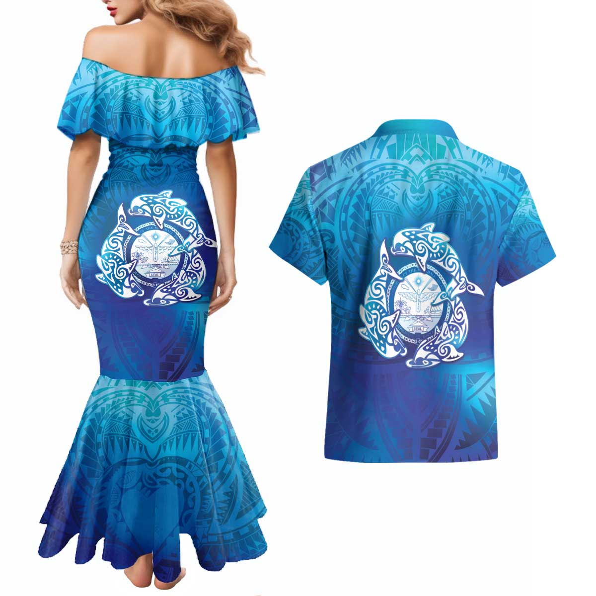 Marshall Islands Manit Day Couples Matching Mermaid Dress and Hawaiian Shirt Tribal Dolphin With Marshall Seal LT05 - Polynesian Pride