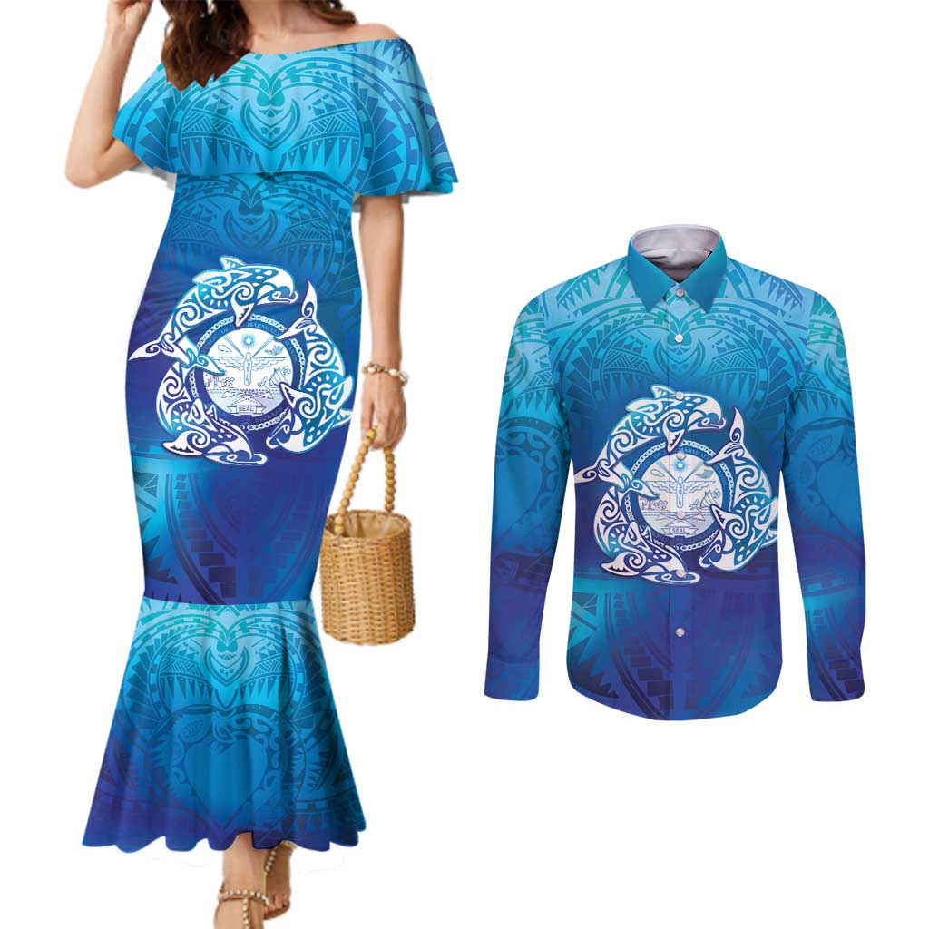 Marshall Islands Manit Day Couples Matching Mermaid Dress and Long Sleeve Button Shirt Tribal Dolphin With Marshall Seal LT05 Blue - Polynesian Pride