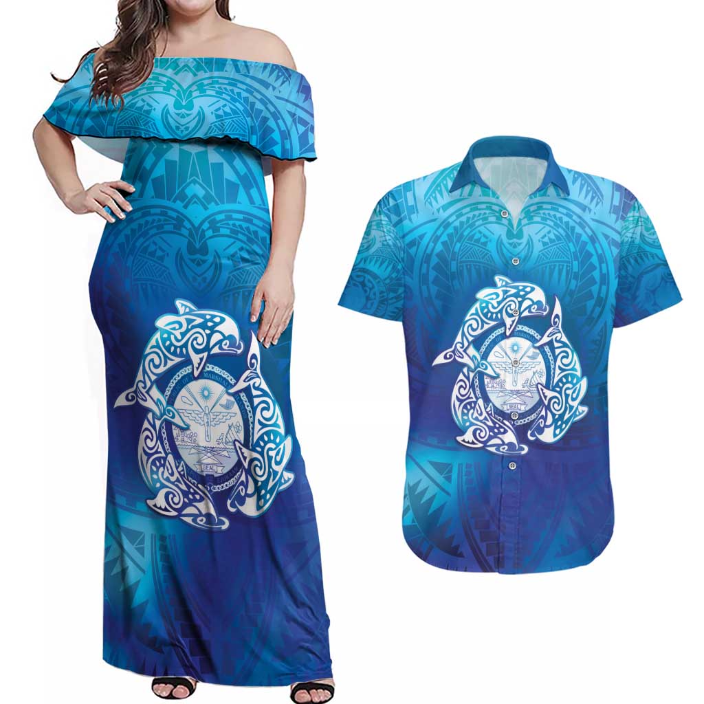 Marshall Islands Manit Day Couples Matching Off Shoulder Maxi Dress and Hawaiian Shirt Tribal Dolphin With Marshall Seal LT05 Blue - Polynesian Pride