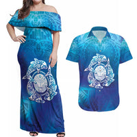 Marshall Islands Manit Day Couples Matching Off Shoulder Maxi Dress and Hawaiian Shirt Tribal Dolphin With Marshall Seal LT05 Blue - Polynesian Pride