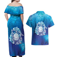 Marshall Islands Manit Day Couples Matching Off Shoulder Maxi Dress and Hawaiian Shirt Tribal Dolphin With Marshall Seal LT05 - Polynesian Pride