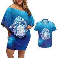 Marshall Islands Manit Day Couples Matching Off Shoulder Short Dress and Hawaiian Shirt Tribal Dolphin With Marshall Seal LT05 Blue - Polynesian Pride