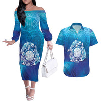 Marshall Islands Manit Day Couples Matching Off The Shoulder Long Sleeve Dress and Hawaiian Shirt Tribal Dolphin With Marshall Seal LT05 Blue - Polynesian Pride