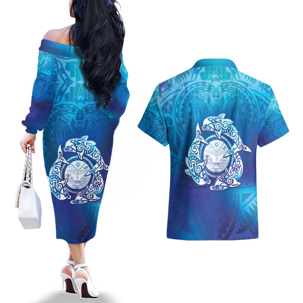 Marshall Islands Manit Day Couples Matching Off The Shoulder Long Sleeve Dress and Hawaiian Shirt Tribal Dolphin With Marshall Seal LT05 - Polynesian Pride