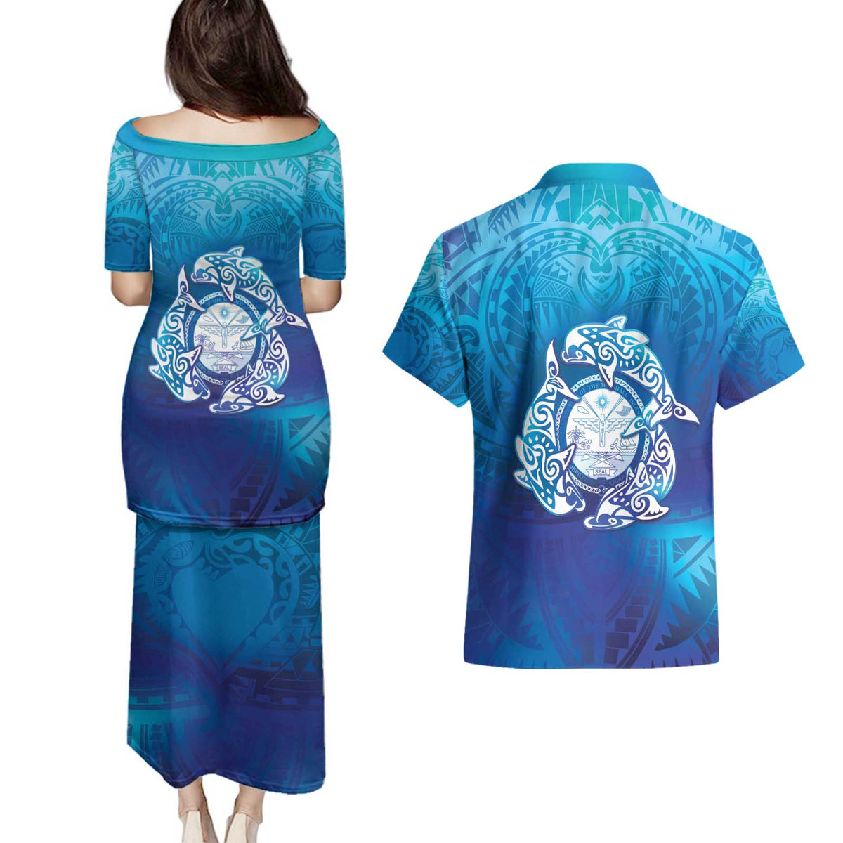 Marshall Islands Manit Day Couples Matching Puletasi and Hawaiian Shirt Tribal Dolphin With Marshall Seal - Polynesian Pride