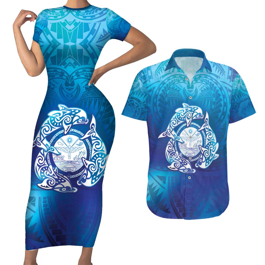 Marshall Islands Manit Day Couples Matching Short Sleeve Bodycon Dress and Hawaiian Shirt Tribal Dolphin With Marshall Seal LT05 Blue - Polynesian Pride