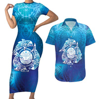 Marshall Islands Manit Day Couples Matching Short Sleeve Bodycon Dress and Hawaiian Shirt Tribal Dolphin With Marshall Seal LT05 Blue - Polynesian Pride