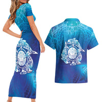 Marshall Islands Manit Day Couples Matching Short Sleeve Bodycon Dress and Hawaiian Shirt Tribal Dolphin With Marshall Seal LT05 - Polynesian Pride