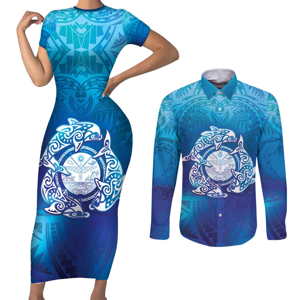 Marshall Islands Manit Day Couples Matching Short Sleeve Bodycon Dress and Long Sleeve Button Shirt Tribal Dolphin With Marshall Seal LT05 Blue - Polynesian Pride
