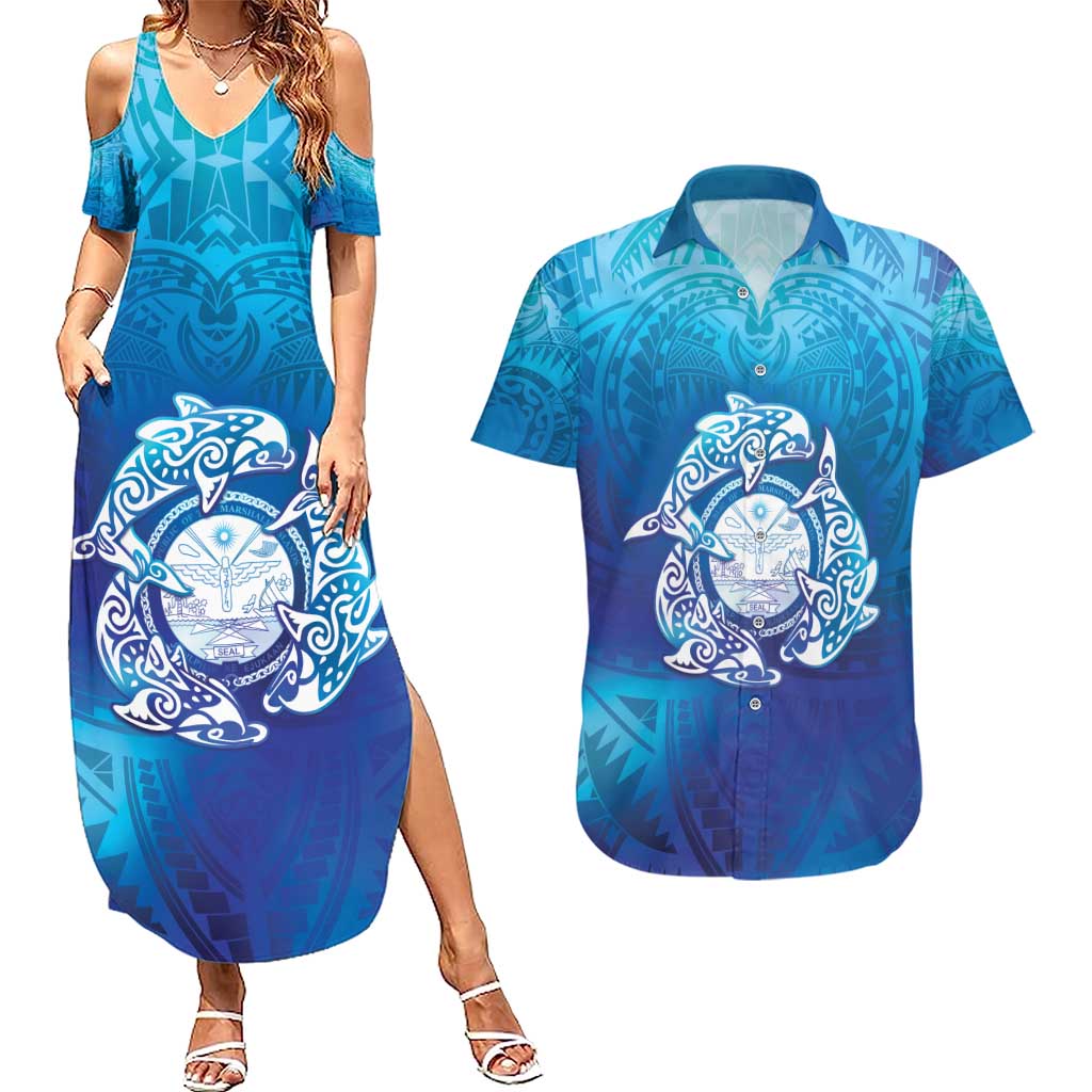 Marshall Islands Manit Day Couples Matching Summer Maxi Dress and Hawaiian Shirt Tribal Dolphin With Marshall Seal LT05 Blue - Polynesian Pride