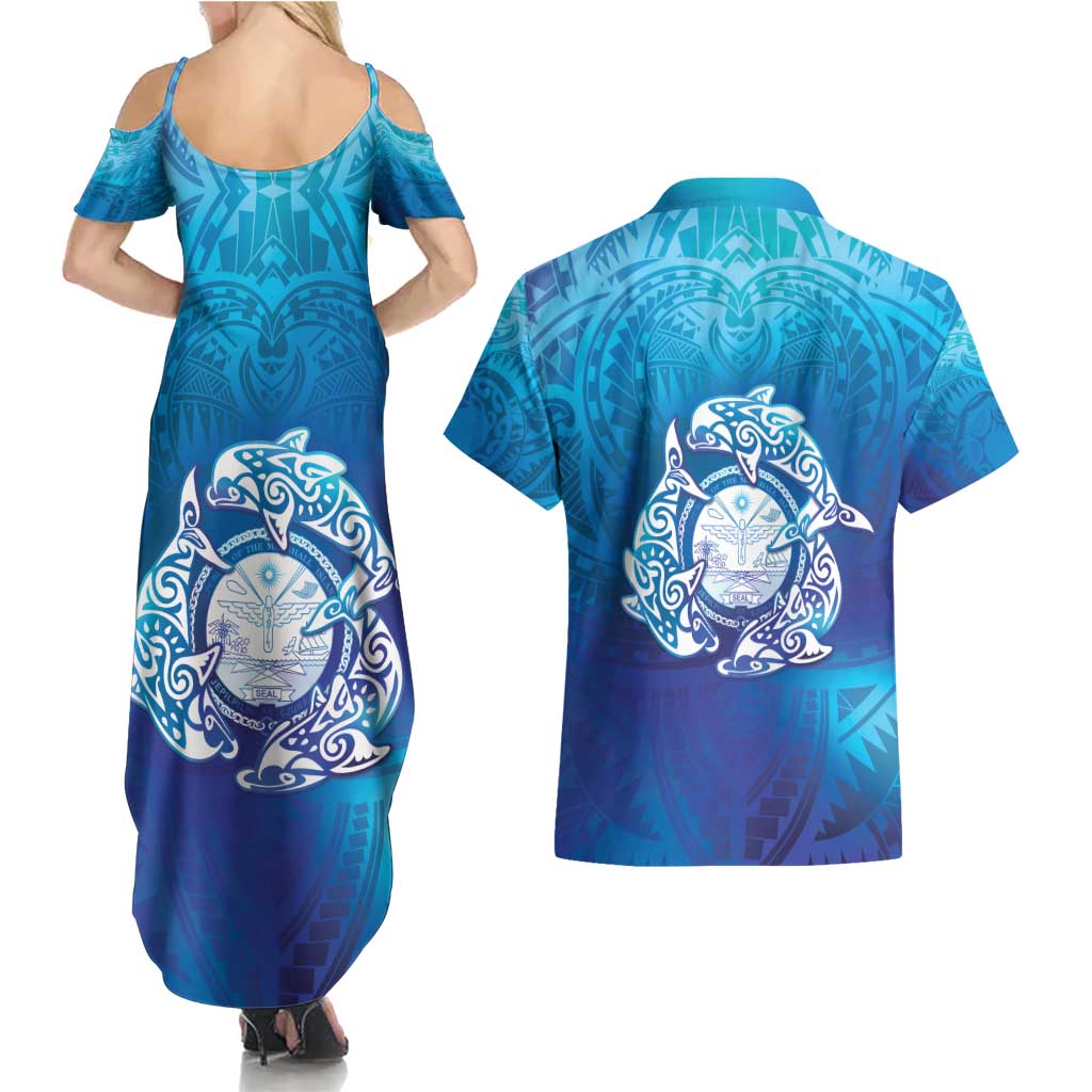 Marshall Islands Manit Day Couples Matching Summer Maxi Dress and Hawaiian Shirt Tribal Dolphin With Marshall Seal LT05 - Polynesian Pride