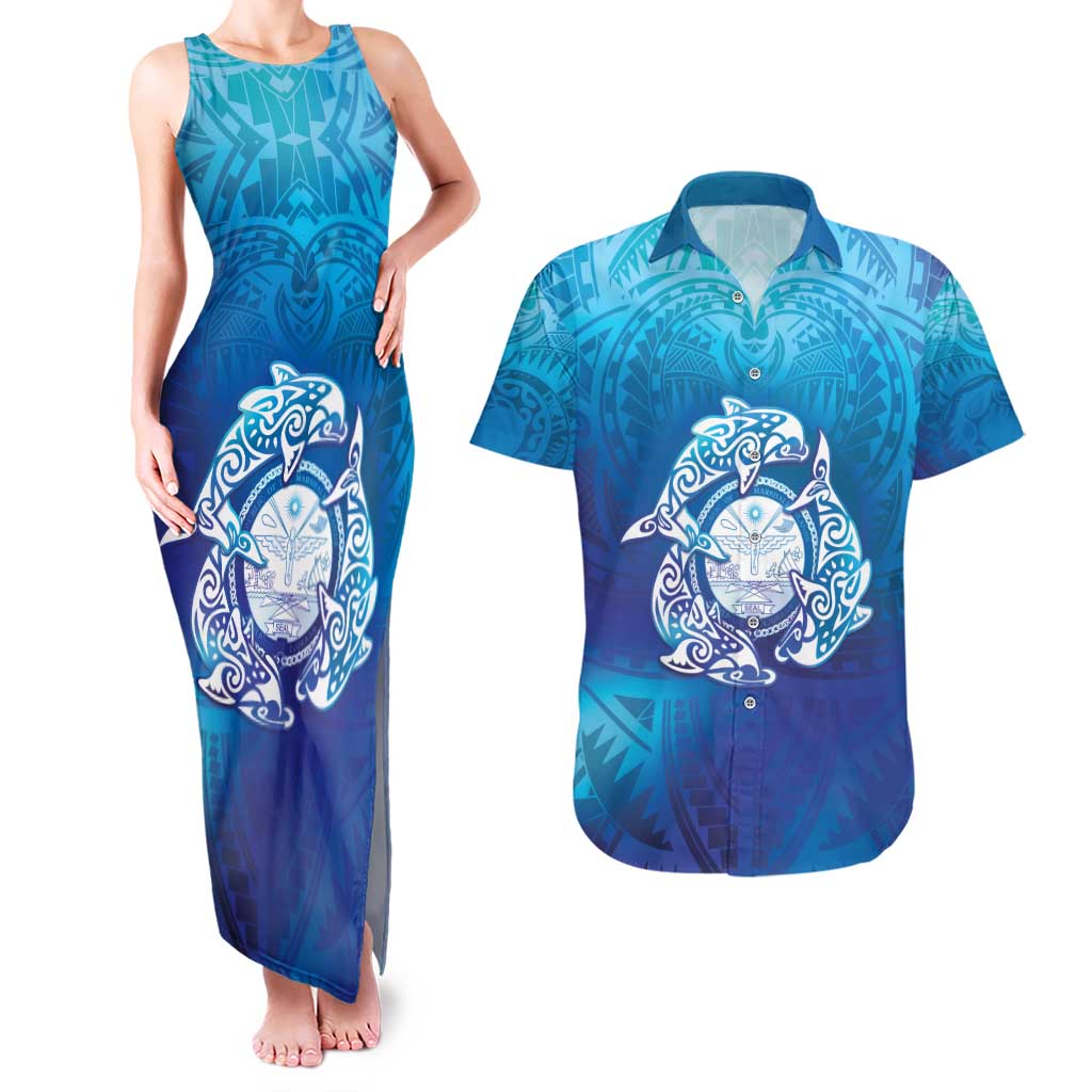 Marshall Islands Manit Day Couples Matching Tank Maxi Dress and Hawaiian Shirt Tribal Dolphin With Marshall Seal - Polynesian Pride