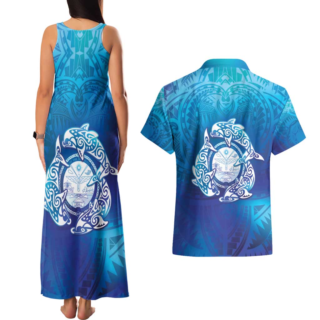 Marshall Islands Manit Day Couples Matching Tank Maxi Dress and Hawaiian Shirt Tribal Dolphin With Marshall Seal LT05 - Polynesian Pride