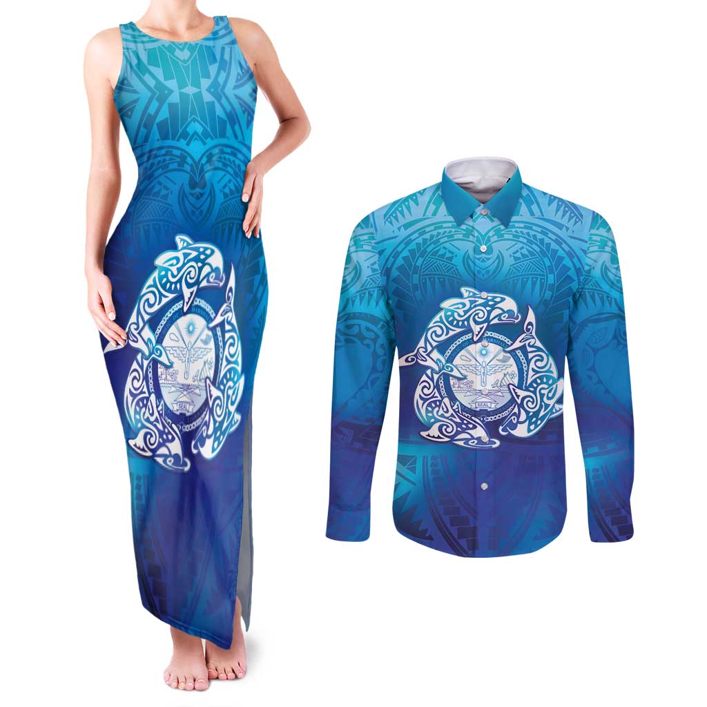Marshall Islands Manit Day Couples Matching Tank Maxi Dress and Long Sleeve Button Shirt Tribal Dolphin With Marshall Seal - Polynesian Pride