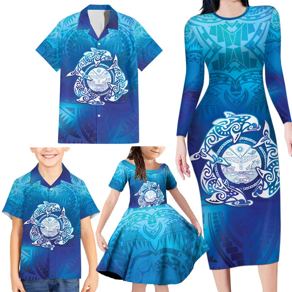 Marshall Islands Manit Day Family Matching Long Sleeve Bodycon Dress and Hawaiian Shirt Tribal Dolphin With Marshall Seal LT05 - Polynesian Pride