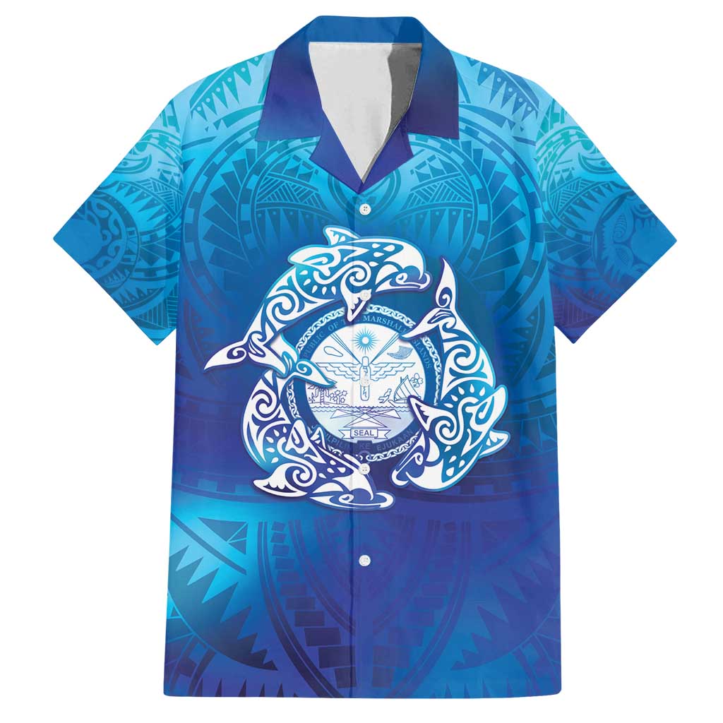 Marshall Islands Manit Day Family Matching Long Sleeve Bodycon Dress and Hawaiian Shirt Tribal Dolphin With Marshall Seal LT05 Dad's Shirt - Short Sleeve Blue - Polynesian Pride