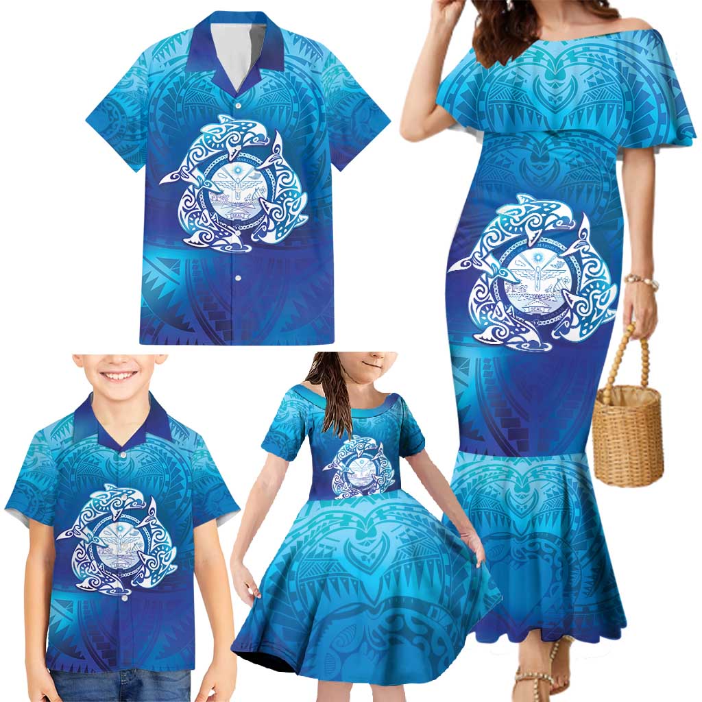Marshall Islands Manit Day Family Matching Mermaid Dress and Hawaiian Shirt Tribal Dolphin With Marshall Seal LT05 - Polynesian Pride