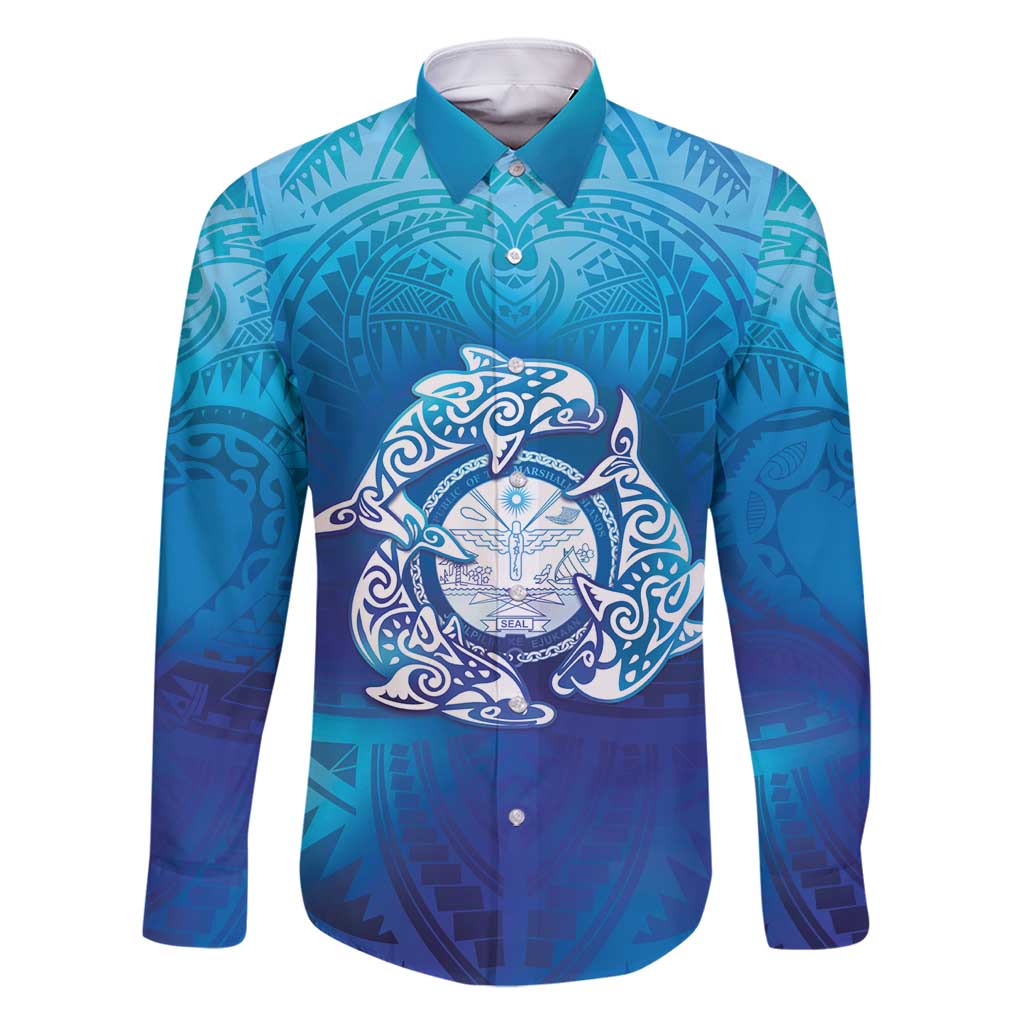 Marshall Islands Manit Day Family Matching Mermaid Dress and Hawaiian Shirt Tribal Dolphin With Marshall Seal LT05 Dad's Shirt - Long Sleeve Blue - Polynesian Pride